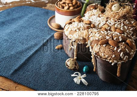 Colomba - Italian Easter Dove Cake On Old Rustic Cyan Wooden Board. Selective Focus, Free Text Space