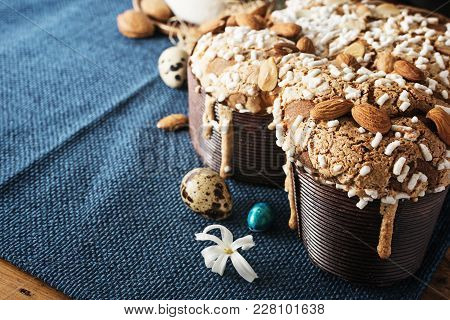 Colomba - Italian Easter Dove Cake On Old Rustic Cyan Wooden Board. Selective Focus, Free Text Space