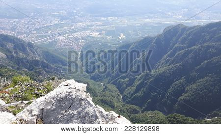 A Beautiful Panoramic View From The Mountains Of Trento Near The Dolomites In Summer Trip, With Cold