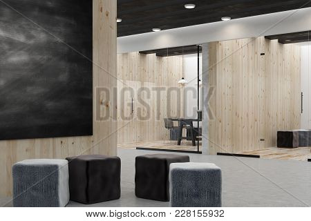 Contemporary Office Interior With Empty Blackboard Poster. Mock Up, 3d Rendernig