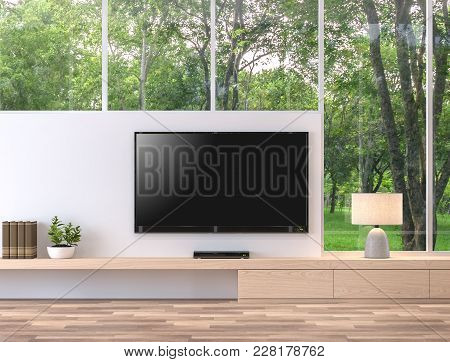 Empty Television Screen With Nature View 3d Render.there Are Wood Floor,wood Shelf And White Wall. T