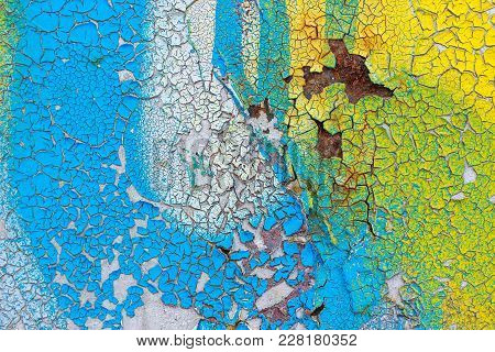 Surface Of The Old Wall With Cracked, Pelling Colored Paint And Spots. Abstract Background, Texture
