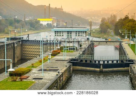 Labe River Lock Near Strekov, Usti Nad Labem, Czech Republic.