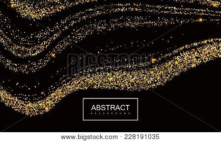 Black Background With Golden Shimmering Particles. Vector Abstract Shiny Illustration. Gold Melted G