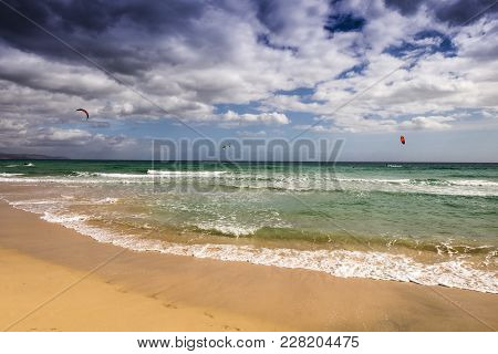 Kite Surfing At Sotavento Beach In Fuerteventura, Canary Islands, Spain
