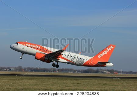 Amsterdam The Netherlands - February 24th 2018: G-uzhd Easyjet Airbus A320neo  Takeoff From Polderba