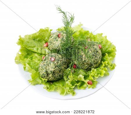 Delicious Georgian Appetizer Phali From Spinach And Walnuts. Isolated On A White Background.