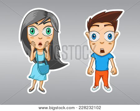 Characters With Emotions Of Surprise And Fear, Modern Stickers Girl And Boy