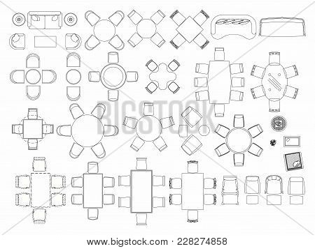 Top View Of Set Furniture Elements Outline Symbol For Dining Room, Cafe, Restaurant And Living Room.