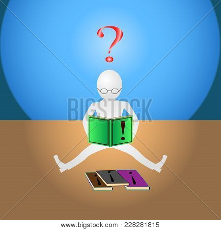 Vector, Illustration Man Reading A Book, Search For An Answer