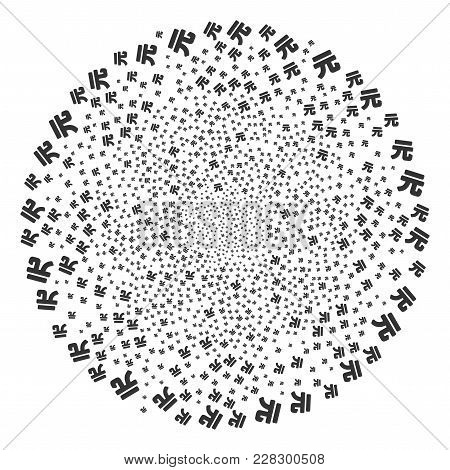 Yuan Renminbi Twirl Exploding Globula. Object Centrifugal Explosion Combined From Random Yuan Renmin