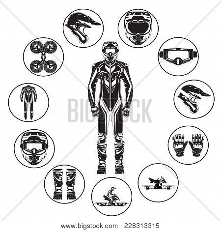 Vector Illustration Of Motorcycle Hoverbike Rider In Riding Suit And Protective Gear. Hovering Motor