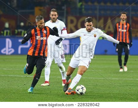 Kharkiv, Ukraine - February 21, 2018: Kevin Strootman Of As Roma (r) Fights For A Ball With Marlos O