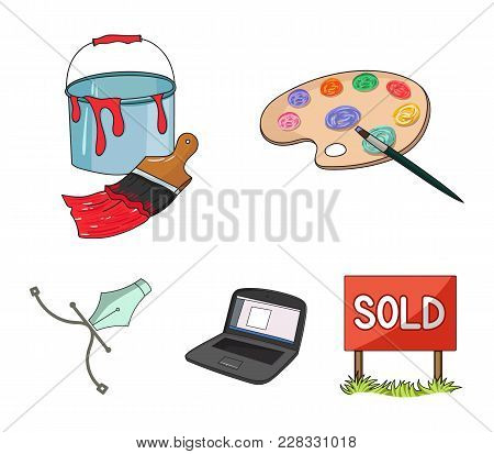 A Palette With A Brush, A Bucket With A Paint Brush, A Computer, A Tool, A Pen.artist And Drawing Se