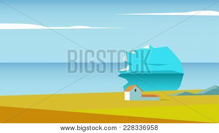 Coastal Landscape With House In The Meadow And The Iceberg In The Ocean. Polar Seaside Landscape Vec