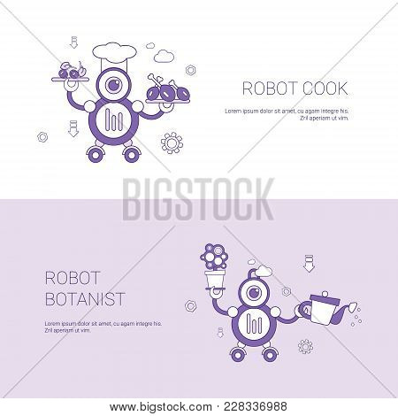 Robot Cook And Botanist Concept Template Web Banner With Copy Space Vector Illustration