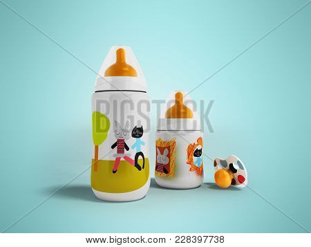 A Set Of Bottles And A Pacifier For A Child 3d Render On A Blue Fonet With A Shadow