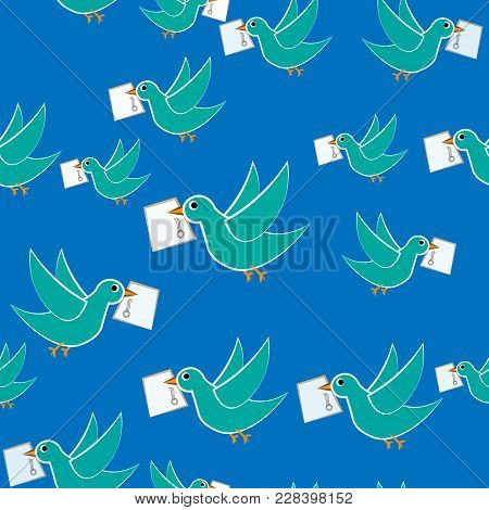 Old School Pattern With Birds And Letters. Bird Delivers A Message, Seamless Pattern. 10eps