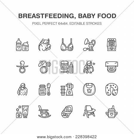 Breastfeeding, Baby Food Vector Flat Line Icons. Breast Feeding Elements - Pump, Woman, Child, Powde
