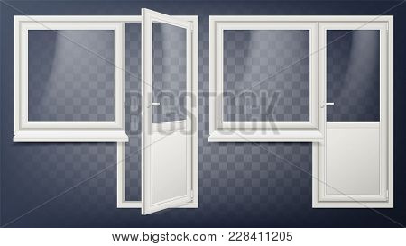 Plastic Door Vector. Home Interior Door And Window. Opened And Closed. Plastic Glass Door. Energy Sa