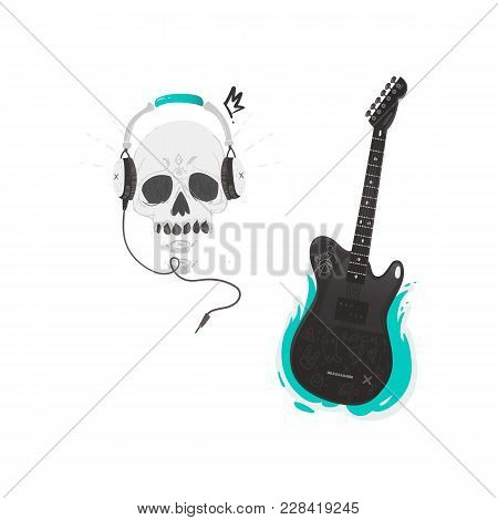 Vector Flat Electric Guitar Black Colored With Jack Cable Audio Wire, Skull In Headphones. Rock Musi
