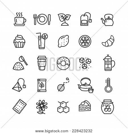 Tea Ceremony Signs Black Thin Line Icon Set Include Of Cake, Teaspoon, Coctail, Cupcake And Utensil.
