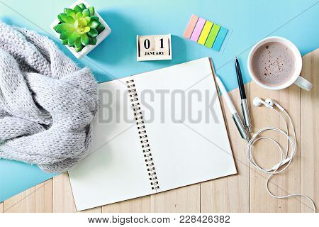 Business, Holiday Or New Year Planning Concept : Desk Table With Scarf, Open Notebook Paper, Cube Ca