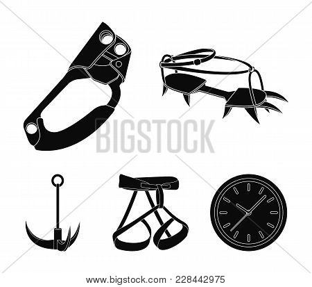 Hook, Mountaineer Harness, Insurance And Other Equipment.mountaineering Set Collection Icons In Blac