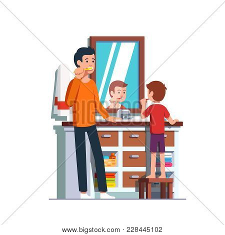 Father And Son Brushing Teeth Together. Home Bathroom Interior With Sink, Mirror, Vanity Cabinet, Dr