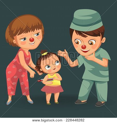 Happy Red Nose Day, Mother Brought Her Daughter To Medical Doctor In Hospital, Mom Fun Clownnose And