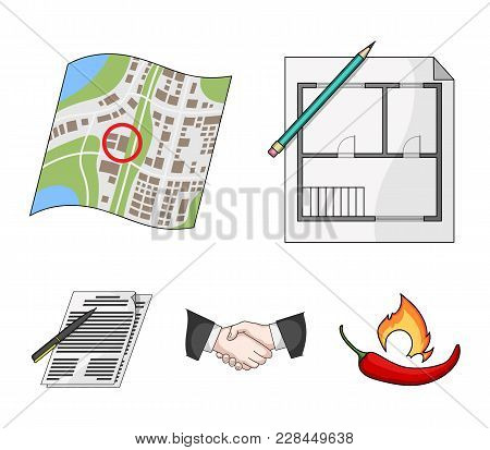 House Plan, Documents For Signing, Handshake, Terrain Plan. Realtor Set Collection Icons In Cartoon 