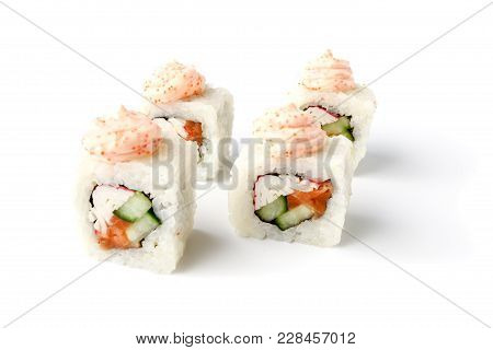 Fresh Japanese Sushi Rolls On A White Background