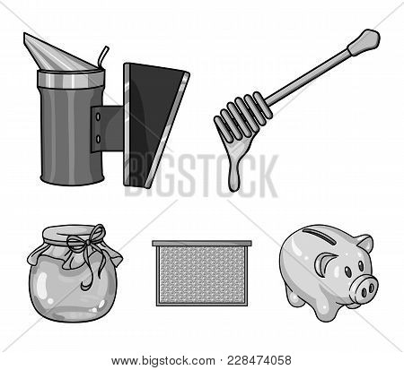 A Frame With Honeycombs, A Ladle Of Honey, A Fumigator From Bees, A Jar Of Honey.apiary Set Collecti