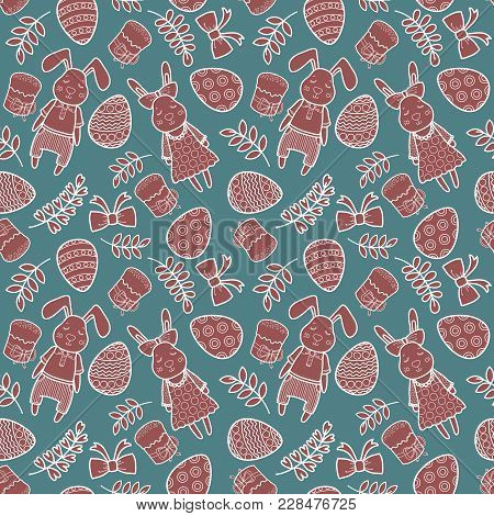 Decorative Vector Pattern For A Holiday Easter. Rabbits Girl And Boy, Eggs, Garland, Cake, Twigs, Bo
