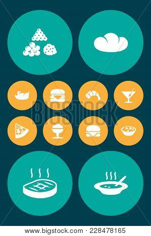 Set Of 12 Food Icons Set. Collection Of Fried Duck, Soup, Pizza And Other Elements.