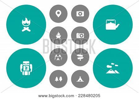 Set Of 12 Picnic Icons Set. Collection Of Encampment, Bonfire, Forest And Other Elements.