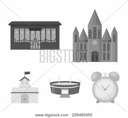 House Of Government, Stadium, Cafe, Church.building Set Collection Icons In Monochrome Style Vector 