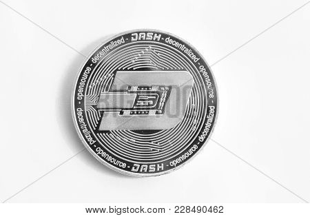 On A White Background Is Isolated Silver Coin Of A Digital Crypto  Currency - Dash With Free Space F