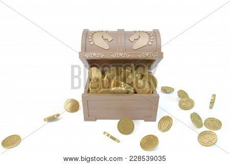 Wooden Box With Gold Coins Isolated On White Background. 3d Illustration.