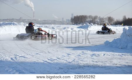 Winter Carting On The Snow Track. Winter Karting Competition On The Ice Track. Winter Carting. Racin