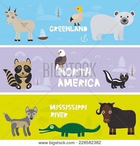 Cute Animals Set Crocodile Alligator Skunk Polar Bear Gannet Bison Eagle Raccoon Wolf Ibex, Kids Bac