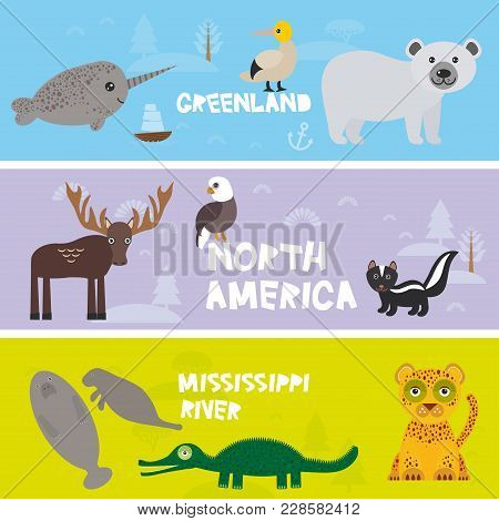 Cute Animals Set Crocodile Alligator Skunk Polar Bear Elk Gannet Narwhal Skunk Manatee Cougar Eagle,