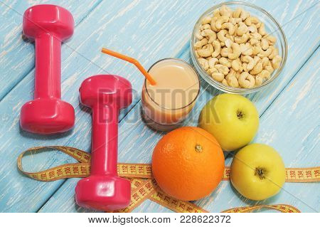 The Concept Of A Healthy Diet. Small Dumbbells, Juice. Apples. Healthy Lifestyle. Sport Fitness Food