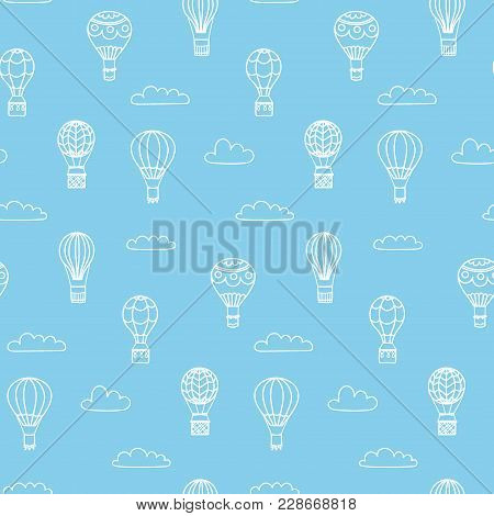 Seamless Pattern Of Vector Illustration Of Outline Hot Air Balloon On Sky With Clouds And Birds. Iso