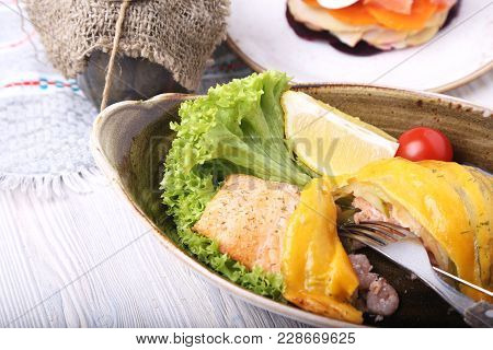Tasty Baked Salmon With Shrimps. Fish With Vegetables