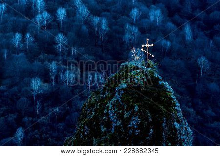 Beautiful View Of Burial In Mountains With Cross