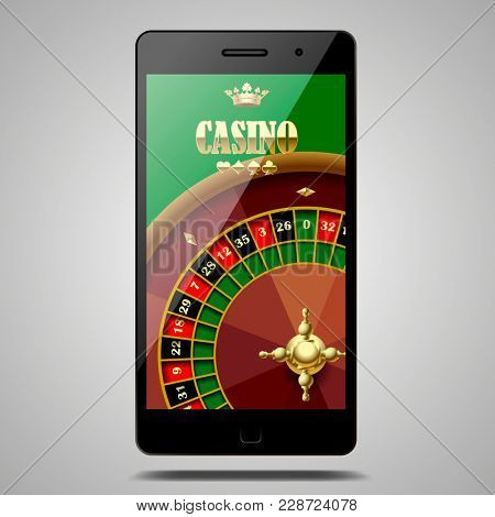 Modern phone isolated on white with Casino roulette wheel in the green screen.