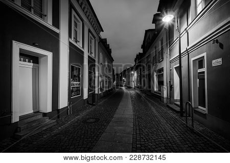 Senftenberg, Germany - February 08, 2018: Night Streets Of The Old Town. The Ancient City Of Senften