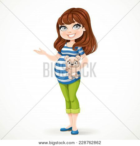Beautiful Pregnant Woman In A Striped T-shirt Is Holding A Teddy Bear In Her Hand And Something Tell