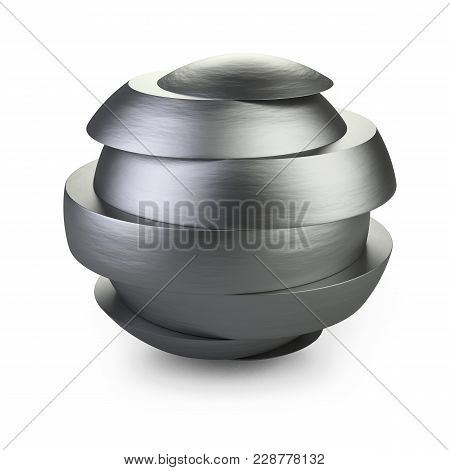 Abstract Metal Sphere Slice Into Pieces With Shift. Cut Steel Ball. 3d Illustration Over White Backg